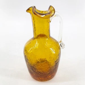 Vintage Hand Blown Amber Crackle Glass Small Pitcher Creamer 4.5" Applied Handle - Picture 1 of 12