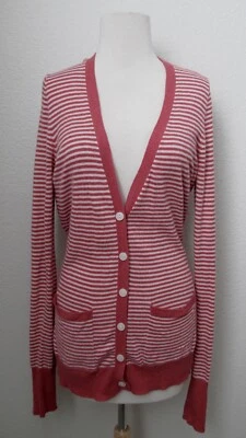 Cárdigan Suéter ROSA Victorias Secret M Rayas Mezcla de Algodón Tejido Bolsillo con Botones Foto 1 de 4