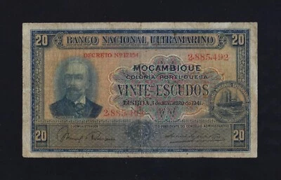 PORTUGAL PORTUGUESE MOZAMBIQUE 20 Escudos 1941 P-85 RARE FINE - Image 1 of 2