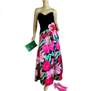 WOMEN'S VINTAGE 1980'S VICTOR COSTA PINK & BLACK FLORAL STRAPLESS DRESS SZ 8 - Picture 1 of 14