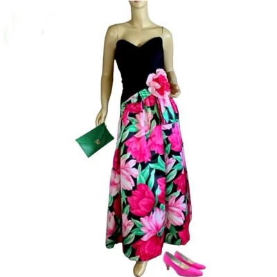 WOMEN'S VINTAGE 1980'S VICTOR COSTA PINK & BLACK  FLORAL STRAPLESS DRESS SZ 8 - Image 1 of 4