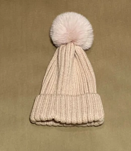 girls tan beige knit hat with pink pom faux fur - Picture 1 of 3