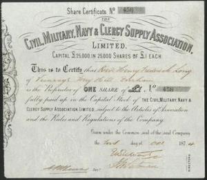 Asociación de Suministros Civiles, Militares, Navales y Clérigos. Ltd., £1 acciones, 1874, muy buen estado - Imagen 1 de 1