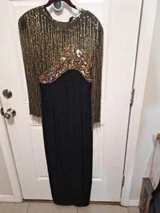 Oleg Cassini schwarzes langes Kleid mit Perlen zum Binden Abend formell Partykleidung schwarz Gr. 8 - Bild 1 von 8