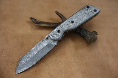 Custom Handmade Damascus Steel Pocket Underlock Folding Knife Camping Knife - Image 1 of 4