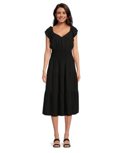 Time and Tru Damen gesmoktes Midikleid mit Flatterärmeln, Gr. XXXL 22 schwarz - Bild 1 von 8