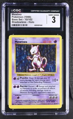 CGC 3 Mewtwo 1999 Base Set 10/102 Shadowless Holo Pokemon Card - Image 1 of 2