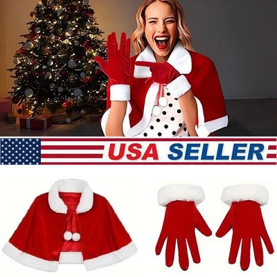 2件圣诞披肩和手套圣诞天鹅绒披肩开普成人圣诞服装美国 — 第 1/4 张图片