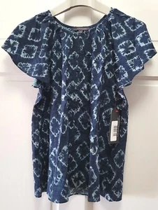Grade & Gather Women's Short Sleeve Button Up Blouse - Navy Blue Tie Die - Med - Picture 1 of 3