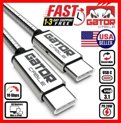 Dual USB-C 3.1 Charger Data Sync Cable Type-C Male Fast Charge PD 20W 5A 10Gbps - Image 1 of 4