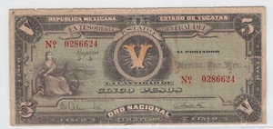1916 La Tesoreria General del Estado Yucatan 5 Pesos Note M4135a S1137 Rare! - Picture 1 of 2