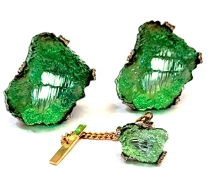 Vtg Cuff Links tie pin set Green glass faux Moldavite Emerald Tourmaline Peridot - Picture 1 of 12