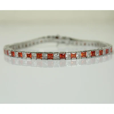 White Gold Finish Created Diamond Orange citrinin Princess Cut Tennis Bracelet - Image 1 of 4
