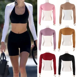 New Womens Long Sleeve Plain Shrug Cropped Ladies Cardigan Top Arm Cover Soft - Picture 1 of 17