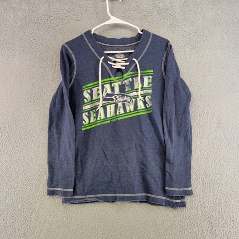 Seattle Seahawks Shirt Womens M Medium Blue Long Sleeve V Neck Tie NFL Football Cover