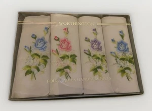 Worthington Retro Hanky 4 White Cotton Embroidered Roses Handkerchiefs Boho - Picture 1 of 5