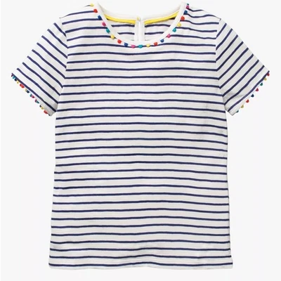 Boden Charlie Pom Pom T Shirt Striped White Blue Cotton Jersey Girls 9-10Y - Image 1 of 4