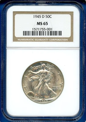 Medio dólar Walking Liberty 1945 D NGC MS65 50c plata 1945-D MS-65 blanco explosivo Foto 1 de 3