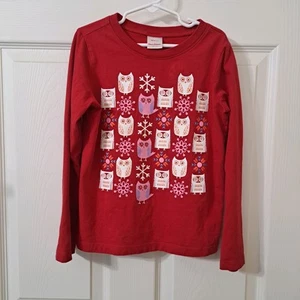 Hanna Andersson Girls 8 Red Art Tee Owls Snowflakes Long Sleeve 100% Cotton - Picture 1 of 7