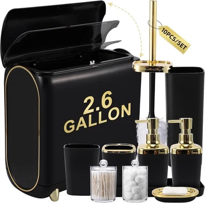 Bathroom Accessories Set, 10 Pieces Black and Gold Bathroom Set, Bathroom Access - Image 1 of 4