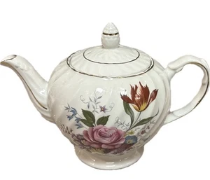 Vintage Ellgreave Wood & Sons England Floral Genuine Ironstone Teapot Gold Trim - Picture 1 of 11