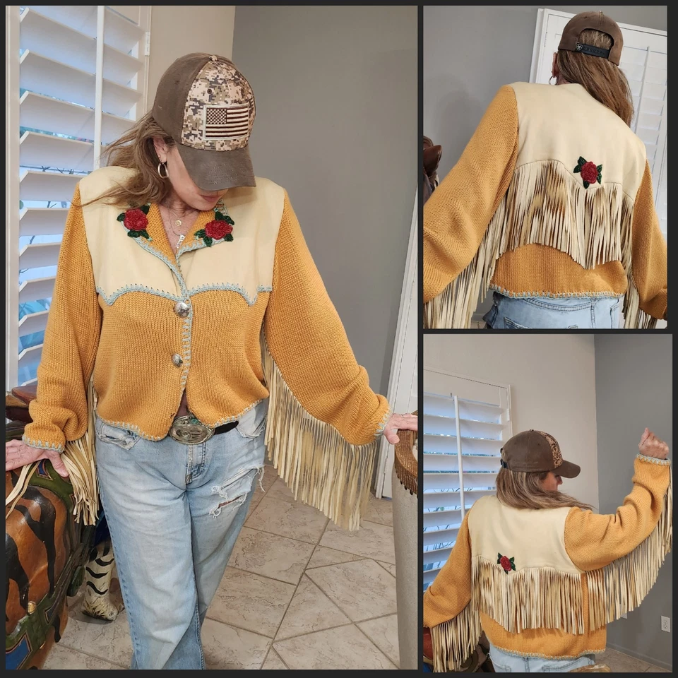 RARE Lianne Barnes VINTAGE Southwestern Leather Knit Fringe Jacket Coachella L Foto 1 de 4