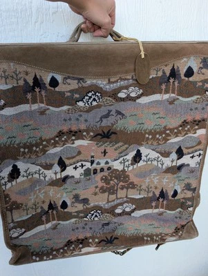 Vtg French Made California Casual Tapestry Countryside Scene Suede Garment Bag - Image 1 of 4