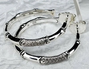 NWT John Hardy Large 1.5” Bamboo 0.56ctw Diamond Pave Silver Hoop Earrings - Picture 1 of 4