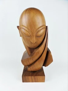 Vintage Mid Century Teak Statue Hand Carved Large Head Figure Modern Art Wooden - Picture 1 of 8