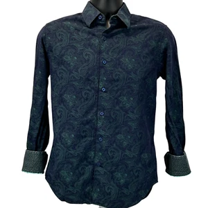Robert Graham Button Front Shirt XS X-Small Blue Flip Cuffs Floral Paisley - Picture 1 of 8