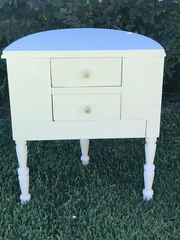 Vintage Half Moon White Nightstand Table Two Drawer Glass Knobs Cover