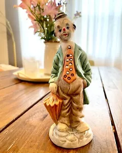 Vintage Porcelain Bisque Clown Figurine w/ Umbrella & Tie 8.25” Signed E.L. - Picture 1 of 3