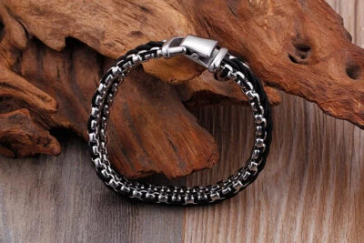 Men Genuine Leather Braided Stainless Steel Chain Bracelet Bangle Cuff Wristband - Image 1 of 4