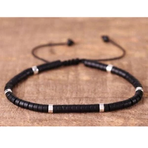 Black Stone Beaded Bracelet Men's Braided Bracelet Adjustable - Picture 1 of 4