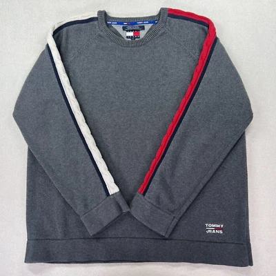 VTG Tommy Hilfiger Jeans Sweater Men's XXL Gray Striped Crew Neck Knit Logo Y2K - Image 1 of 4