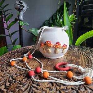 Cottagecore Mushroom Hanging Planter 5" Ceramic Pot w/ Clay Toadstools - Picture 1 of 6