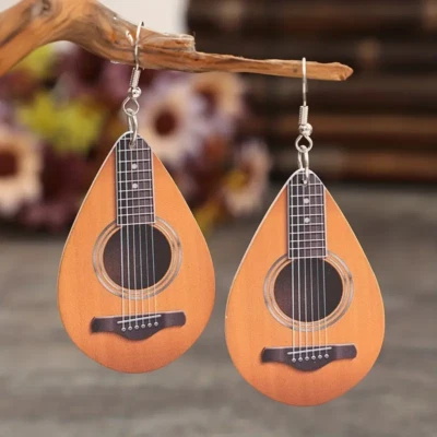 Water Drop Shape Ukulele Wooden Dangle Earrings Elegant Holiday Gift Women - Image 1 of 4