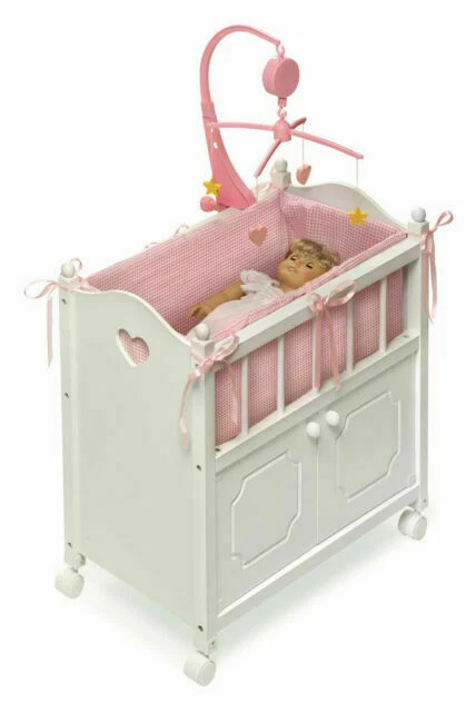 Badger Basket White Doll Crib with Cabinet/Bedding/Mobile/Wheels (fits American Girl dolls)