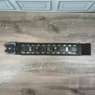 Chico's Embellished Wide Waist Belt Brown Leather Elastic Back Silver Buckle - Image 1 of 4