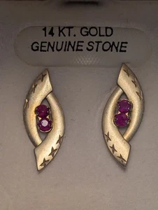 NEW~14k Yellow Gold~**NATURAL RUBY  POST EARRINGS**~Round Shaped~BOXED - Picture 1 of 8