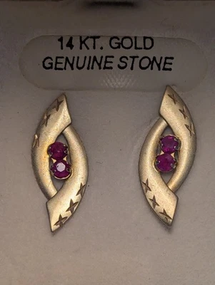 NEW~14k Yellow Gold~**NATURAL RUBY  POST EARRINGS**~Round Shaped~BOXED - Image 1 of 4