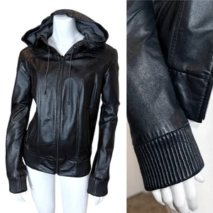 DANIER LEATHER HOODED JACKET Womens L Black Hoodie Hoody Bomber Xtra Long Sleeve - Picture 1 of 10