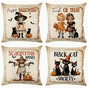 4 HALLOWEEN VINTAGE DRUCK Überwurf Kissenbezüge 18x18 Reißverschluss Urlaub Dekoration - Bild 1 von 2