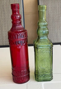 2 OF GLASS DECORATIVE BOTTLES RED AND GREEN 12" TALL - Picture 1 of 5