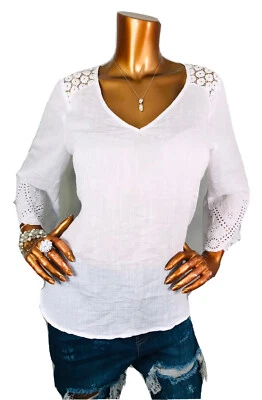 Blusa Dressbarn M Top Blanco Transparente Bordado Ojales Verano Ligera Wgt Corte en V Bajo Foto 1 de 4