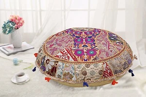 Ottoman Round Pouf Vintage Patchwork Floor Cushion Beige Floor Pillow Cover - Picture 1 of 7