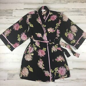 Oscar de la Renta Pink Label Womens Wrap Robe Kimono XXL Black Pink Floral Satin