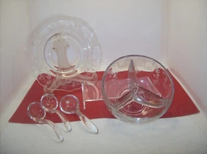 TRI SECTION ETCHED GLASS CONDIMENT BOWL W/ LADELS & ETCHED UNDER PLATE - Picture 1 of 6