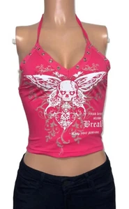 Y2K S 4 Pink Skull Punk Skull  Wings Halloween Party Halter Top Cotton Nwts Goth - Picture 1 of 3