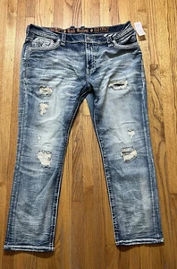 Pantalones de mezclilla Rock Revival "Eithan" relajados elásticos desgastados azul medio 44x30 - Imagen 1 de 15